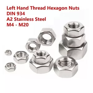 Hex Full Nut Left Hand Thread Hexagon Nuts DIN 934 Stainless Steel A2 M4 - M20 - Foto 1 di 17