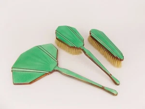 Vintage 1930s Art Deco Enamel Vanity Set Green & Copper Guilloche Ladies Mirror - Picture 1 of 10