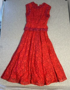 Vintage Cocktail Dress 1940's Red Lace With Sequins 3 Layer Skirt Prom 90s - Picture 1 of 11