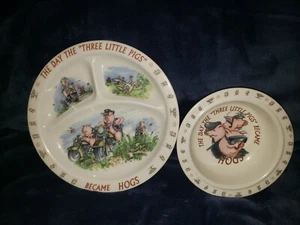 Harley Davidson Kids Dinnerware 3 Little Pigs Became Hogs Plate and Bowl Set vtg - Picture 1 of 8