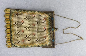 Vintage 1920s Whiting & Davis mesh enamel metal purse bag tan yellow floral - Picture 1 of 5