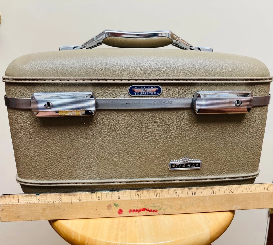 1960's American Tourister Tiara Beige Train Case Carry On With Mirror - Image 1 of 4