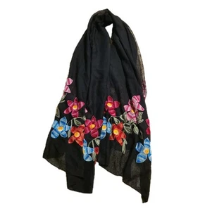 2 Chic Black Scarf Shaw Wrap Embroidered Flowers Colorful 32 X 75 - Picture 1 of 7