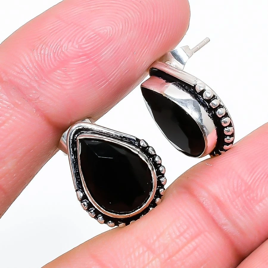 Black Spinel Gemstone 925 Sterling Silver Jewelry Stud Earring Size 0.65" - Image 1 of 1