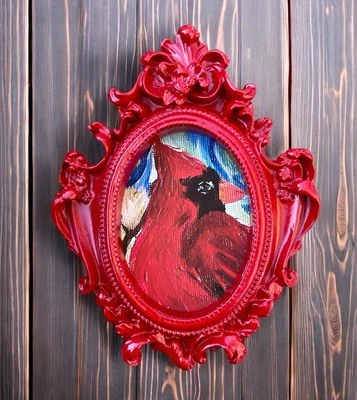 Cardinal bird miniature art watercolor print in red vintage style ornate frame - Image 1 of 4