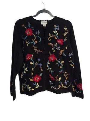 Vintage Breckenridge Black Embroidered Floral Sweater Size M Garden - Image 1 of 4