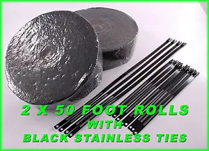 BLACK HEAT SHIELD EXHAUST WRAP TAPE 2 (TWO) ROLLS 2 X 50 FEET & BLACK LOCK TIES - Picture 1 of 1