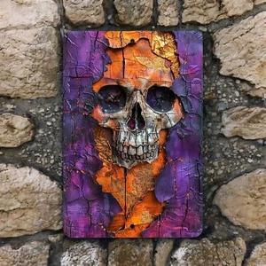 Halloween Skull Metal Sign - Gothic Skeleton Wall Art, Spooky Horror Decor, 8x12 - Picture 1 of 3