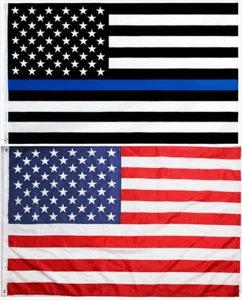 2Pc US Police Law Enforcement Officer Black Blue Line & USA American Flag 3x5 Ft - Picture 1 of 7