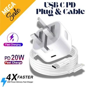 For iPhone 14, 13, 12, 11, X Pro Max Fast Charging Cable USB-C PD Plug Charger - Picture 1 of 20