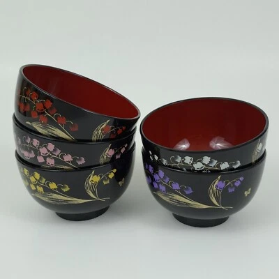 Set of 5 Japanese 4.5" Plastic Miso Soup Rice Bowls Floral Black Red - Image 1 of 4
