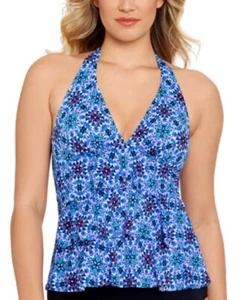 Swim Solutions Womens Blue Printed Non-Removable Cups Tankini Swimsuit Top 10 - Picture 1 of 3