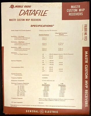 GE Mobile MASTR CUSTOM MVP RECEIVERS Manual 2-Way FM Radio Datafile Folder 1113 - Image 1 of 4