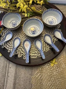 Vintage Chinese Rice, 3 Flower Golden Trim Miso Soup Bowls, 5 Spoons + 1 Gold - Picture 1 of 4