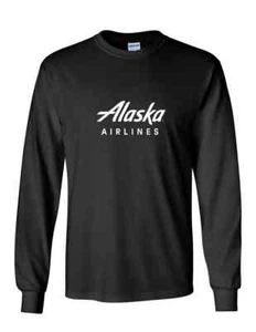 Alaska Airlines Retro White Logo US Aviation Black Long sleeve T-Shirt - Picture 1 of 3