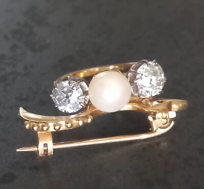 Bague Ancienne Or 18k Perle Et Diamants 1,20cts - Photo 1/4