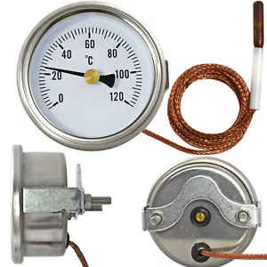 Zeiger Thermometer mit fühler Kessel Speicher Ofen Rund Kapillar 120°C Edelstahl - Bild 1 von 6