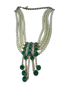 Heidi Daus Green Rhinestones Pearl Multi Strand Beaded Necklace 20" - Picture 1 of 9