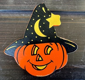 Vintage Jack-o-Lantern Brooch Pin Witch Hat Halloween 2.25" Long EUC Pumpkin - Picture 1 of 5