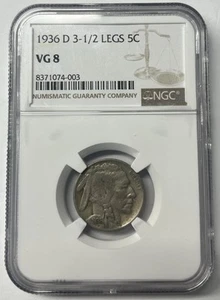 1936 D 3 1/2 Leg Buffalo Nickel ANACS VG 8 - Picture 1 of 4