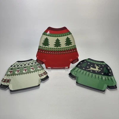 3件套三聚氰胺丑陋圣诞毛衣盘假日驯鹿雪人树 — 第 1/4 张图片