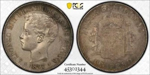 1897 SG V PCGS AU53 SPANISH PHILIPPINES Calico 122 - Peso Coin 49543A - Picture 1 of 3