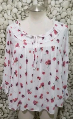 Gap Top Womens Size Small Floral White Pink Ruffle Tie Neck Flare Sleeves Blouse - Image 1 of 4