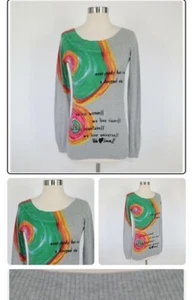 Desigual Sweater Pullover Womens Gray Rainbow Affirmations Green Pink Cotton - Picture 1 of 11