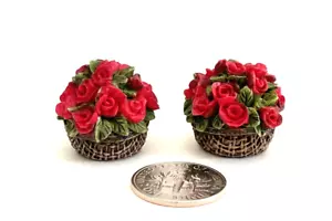 TWO DOLLHOUSE MINIATURE BASKET OF RED ROSES BY JEANNETTA KENDALL MINIATURES - Picture 1 of 2