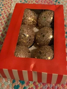 Vintage MCM Spangle Bauble Glitter Gold Ornaments In Original Box - Picture 1 of 6