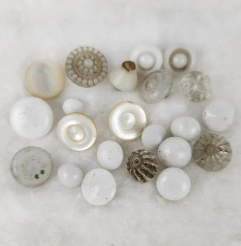Glass Buttons White Milk Clear Pearl Antique Mixed Lot of 22 Shank Molded Swirl Cover