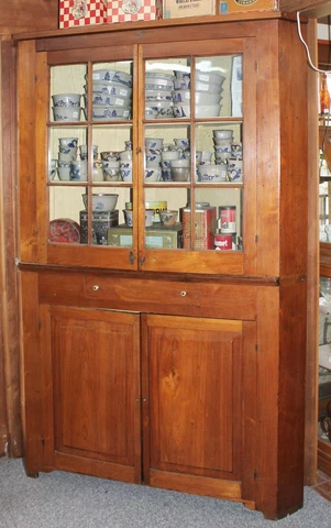 EARLY Antique c1840s LARGE Cherry Wood CORNER CABINET CUPBOARD Glass Doors Cover