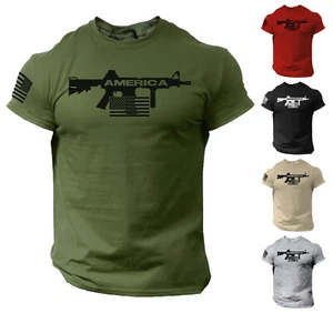 Men America Gun T Shirt US Flag 2nd Amendment Military Veteran T-Shirt - Picture 1 of 9