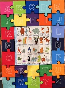 Alphabet PUZZLE PIECE QUILT TOP ALL BLOCKS Already Sewn- COTTON - Picture 1 of 3