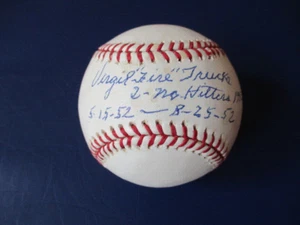 Virgil Trucks Autografiado M.L. Tigres de béisbol 2 sin bateadores "5-15-52 8-25-52" - Imagen 1 de 8