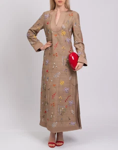 RRP€1250 TORY BURCH Silk Maxi Kaftan Dress Size S Embroidered Flowers Beads - Picture 1 of 9