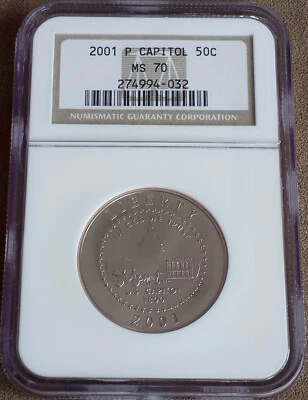 PERFECT 2001 CAPITOL VISITOR CENTER 50c Half Dollar Graded NGC MS70 Slabbed Coin - Image 1 of 2