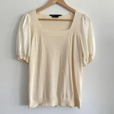 Suéter BCBGMaxAzria Mezcla Seda Cachemira Grande Crema Femenino Manga Abullonada Preppy Foto 1 de 4