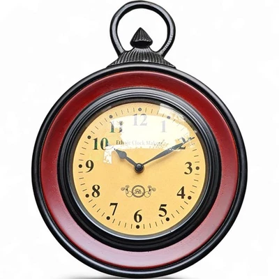 Handcrafted Wooden Wall Clock 10 Inch Vintage Pocket Watch Design | Brown Black - Image 1 of 4