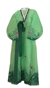 Korean Traditional Women's Hanbok Green Embroidered Pink Yellow Flowers S/M - Picture 1 of 11