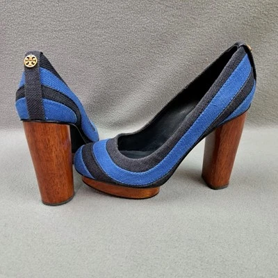 Zapatos de salón Tory Burch de lona a rayas para mujer talla 6 Joelle madera tacones plataforma azul Foto 1 de 4