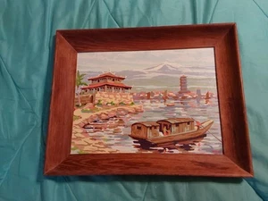 VINTAGE PAINT BY NUMBER CHINESE PAGODA BOAT WATER FRAMED 19.5" X 15.5" - Picture 1 of 10