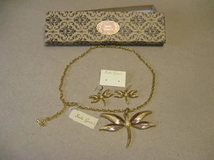 Vtg Sadie Green's Necklace Pendant Earring Set Dragonfly Stones w/ Tags & Box - Picture 1 of 21