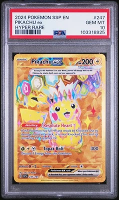 2024 POKEMON SSP EN-SURGING SPARKS HYPER RARE #247 PIKACHU EX PSA 10 - Image 1 of 2