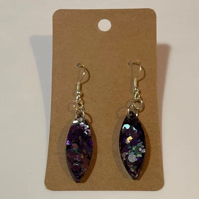 Handmade epoxy resin pointed oval shape earrings-dark purple & green holographic - Image 1 of 4