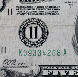 Tough $5 1928A Federal Reserve Note K09334268A five dollar, Dallas K11, series A - Picture 1 of 3