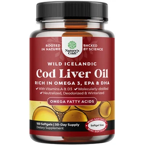 Icelandic Cod Liver Oil Softgels - Wild Caught EPA DHA Omega 3 Fish Oil 100ct - Picture 1 of 8