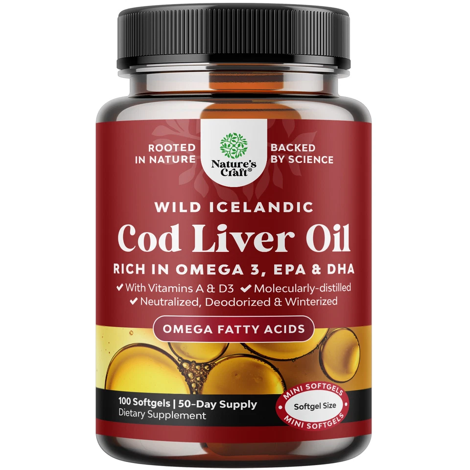 Icelandic Cod Liver Oil Softgels - Wild Caught EPA DHA Omega 3 Fish Oil 100ct - Image 1 of 4