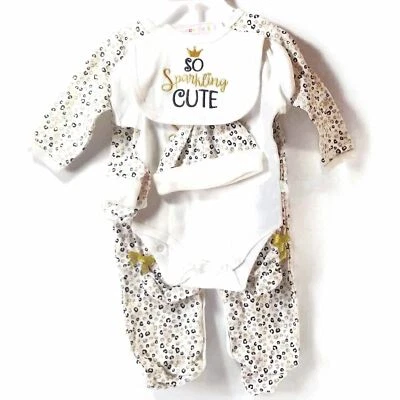 Baby Girl Long Sleeves Outfit 7 Pc. Tight-Fit Footie White & Sparkling Gold 3-6M - Image 1 of 4