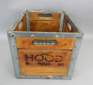 Vintage 1962 HOOD Steel Banded Oak Wood Dairy Milk Crate Box Industrial - Picture 1 of 7